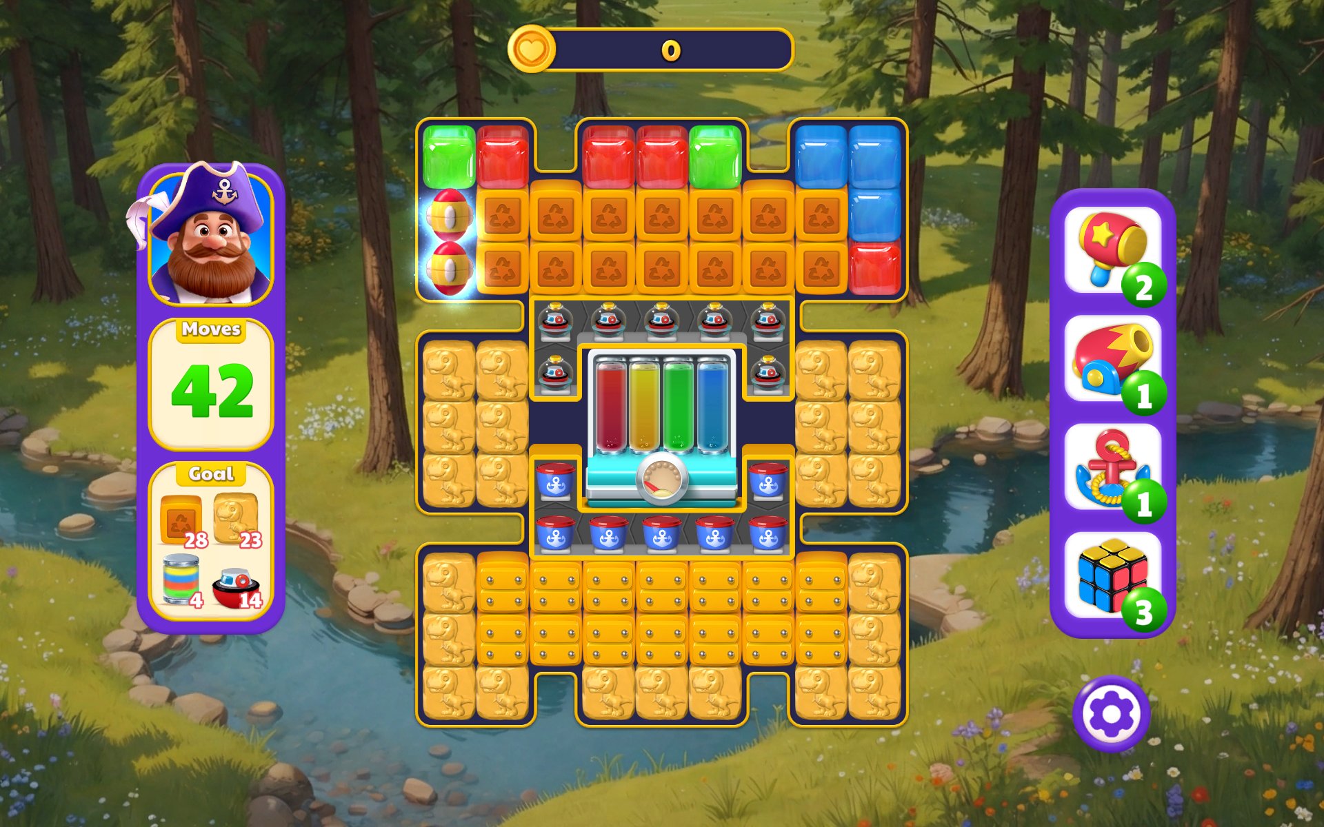 A challenging Captain Blast puzzle level with colorful obstacles and pre-level boosters
