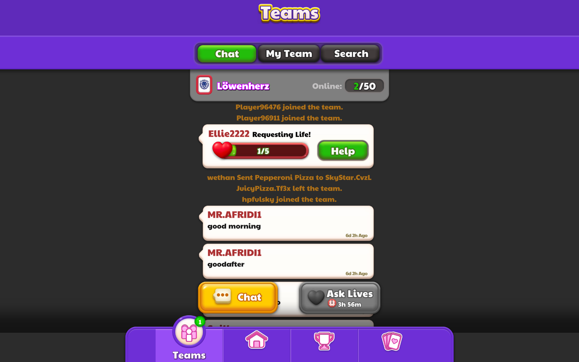 Captain Blast team screen showing team chat and a request for extra lives