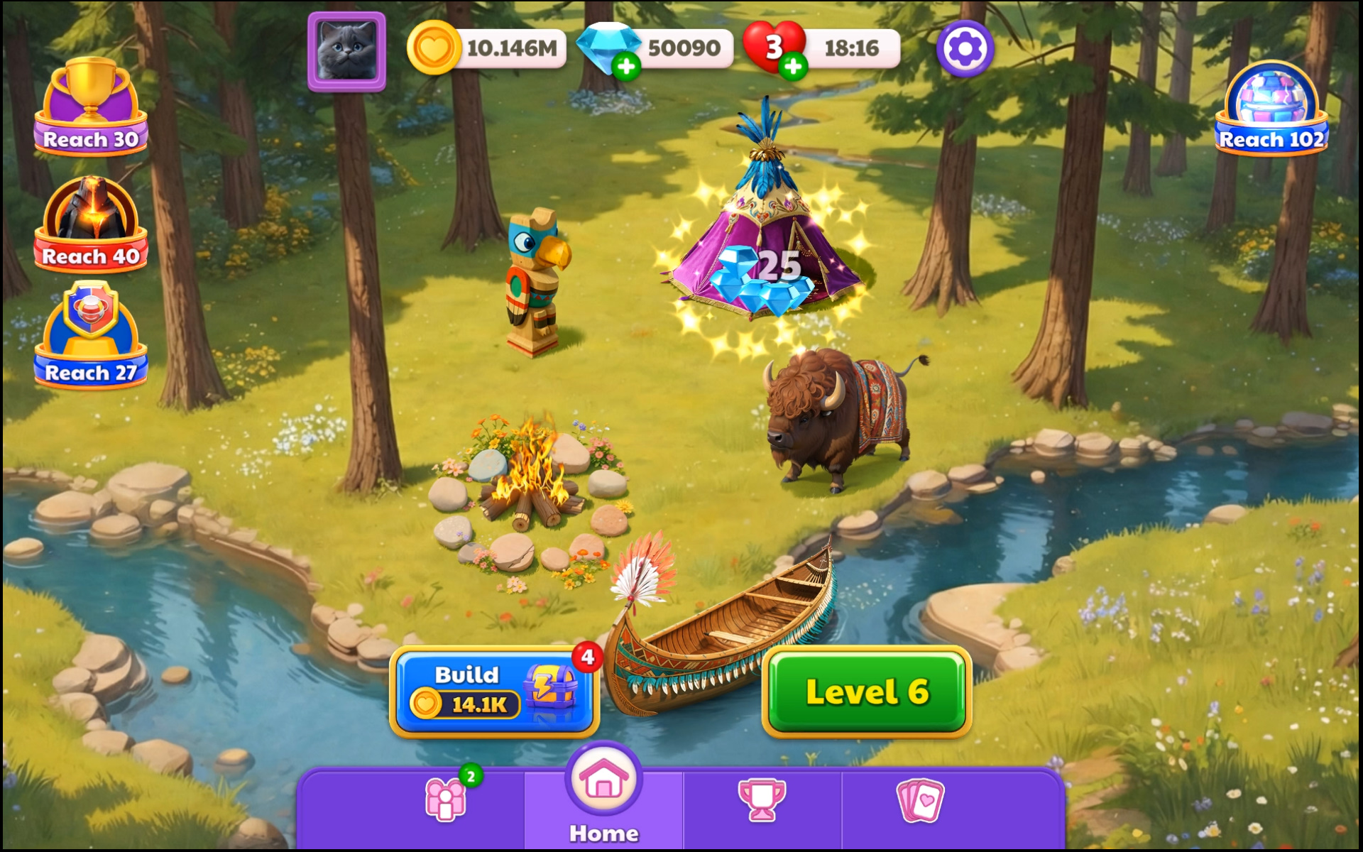 Captain Blast town-building screen with a campsite, canoe and build button